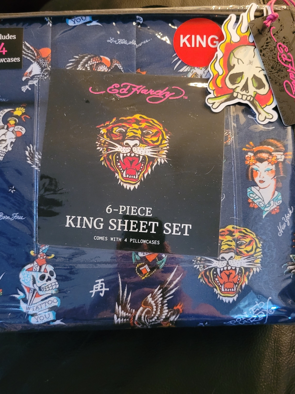 Ed Hardy 6-Piece King Sheets Navy Tattoo  Graphics Tiger Panther Skulls Edgy